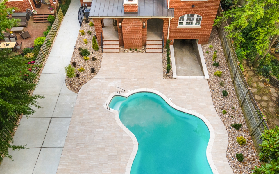 aerial shot of pool and pavers Photo