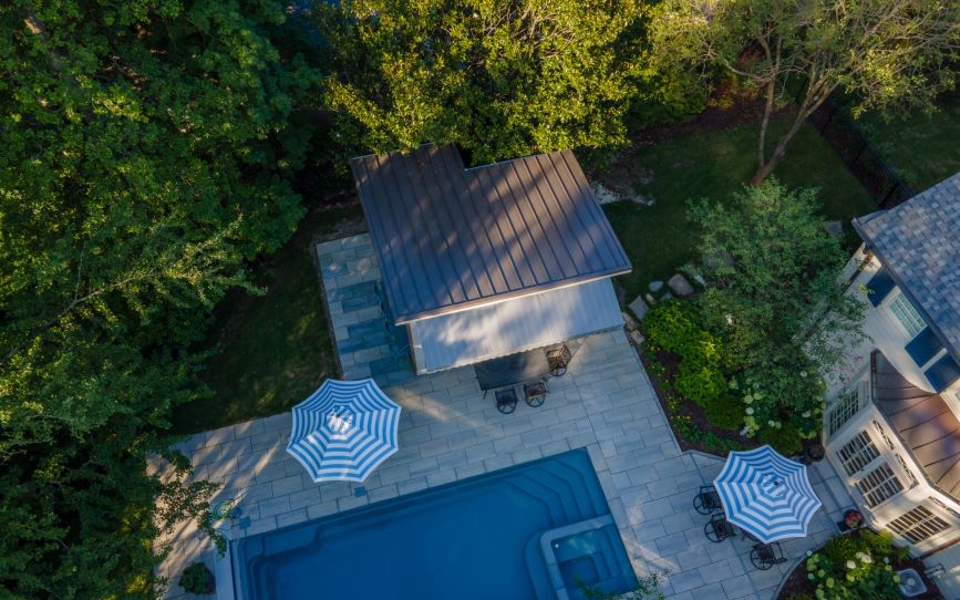 aerial shot of pool with outdoor kitchen Photo